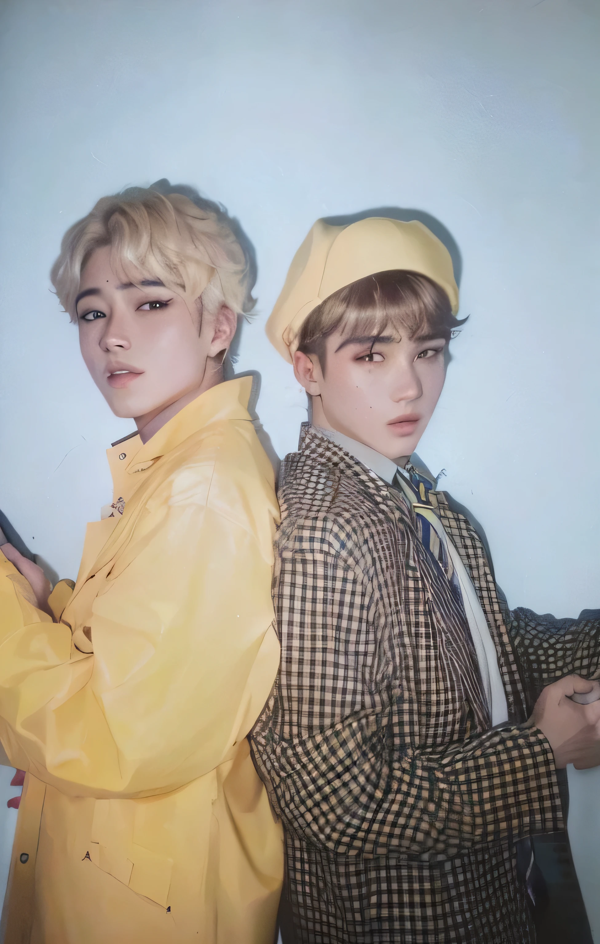Two young men in yellow jackets and ties posing for a photograph., todos del grupo nct, nixeu y sakimichan, BTS, foto en color de los 90, foto coloreada, with yellow cloths, escaneo de alta calidad, mega scans, escaneo de revista, uescaneo de alta calidad, estan cerca el uno del otro, foto del catalogo, Jimin
