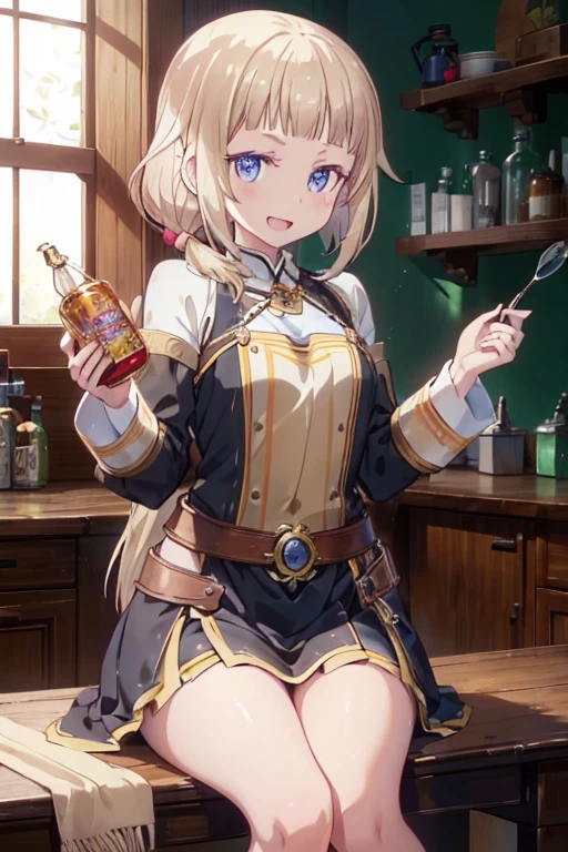 (fantasy:1.5),(anime,8k,masterpiece, top quality, best quality,beautiful and aesthetic:1.2,professional illustrasion:1.1,ultra detail:1.3,perfect lighting),extremely detailed,highest detailed,incredibly absurdres , highres, ultra detailed,intricate:1.6,(Alchemy Workshop:1.4),A girl mixing,Medicine in many small bottles,holding small potion,colorful:1.4,zentangle,(1girl),(girl),(Three kingdoms female warload),(highly detailed beautiful face and eyes,firm breasts),oily skin,((black,hair,short bob with short pony tail hair)),thin pubic hair,cute,lovely,34 years old,alchemist costume,Merchant's Clothing,smile,in the kitchen,smile,seductive weak smiling,(with sparkling eyes and a contagious smile),open mouth, Looking at Viewer,