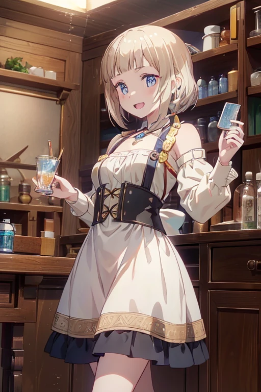 (fantasy:1.5),(anime,8k,masterpiece, top quality, best quality,beautiful and aesthetic:1.2,professional illustrasion:1.1,ultra detail:1.3,perfect lighting),extremely detailed,highest detailed,incredibly absurdres , highres, ultra detailed,intricate:1.6,(Alchemy Workshop:1.4),A girl mixing,Medicine in many small bottles,holding small potion,colorful:1.4,zentangle,(1girl),(girl),(Three kingdoms female warload),(highly detailed beautiful face and eyes,firm breasts),oily skin,((black,hair,short bob with short pony tail hair)),thin pubic hair,cute,lovely,34 years old,alchemist costume,Merchant's Clothing,smile,in the kitchen,smile,seductive weak smiling,(with sparkling eyes and a contagious smile),open mouth, Looking at Viewer,