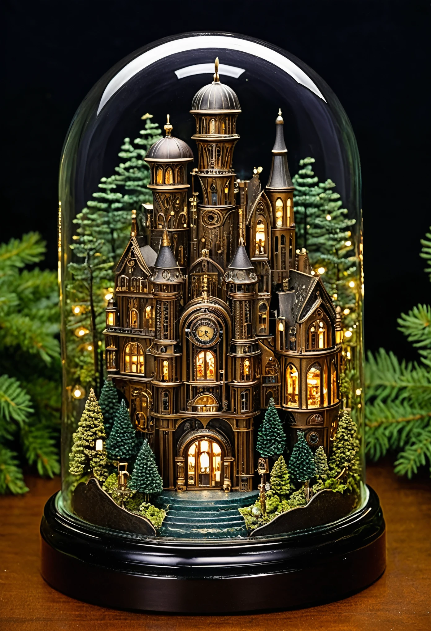 A mesmerizing scene of a miniature metropolis encased in glass, nestled amidst a nocturnal forest, showcasing a blend of art nouveau and steampunk elements, with intricate iron