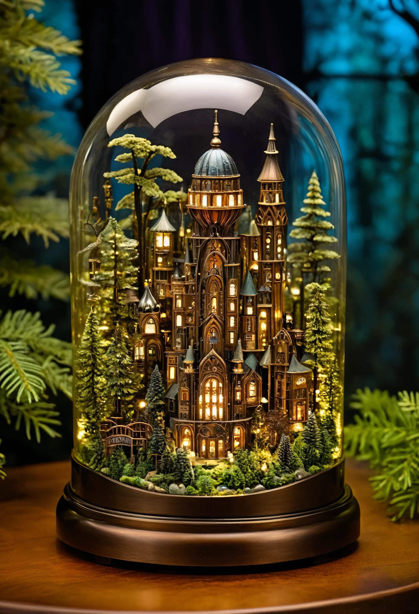 A mesmerizing scene of a miniature metropolis encased in glass, nestled amidst a nocturnal forest, showcasing a blend of art nouveau and steampunk elements, with intricate iron