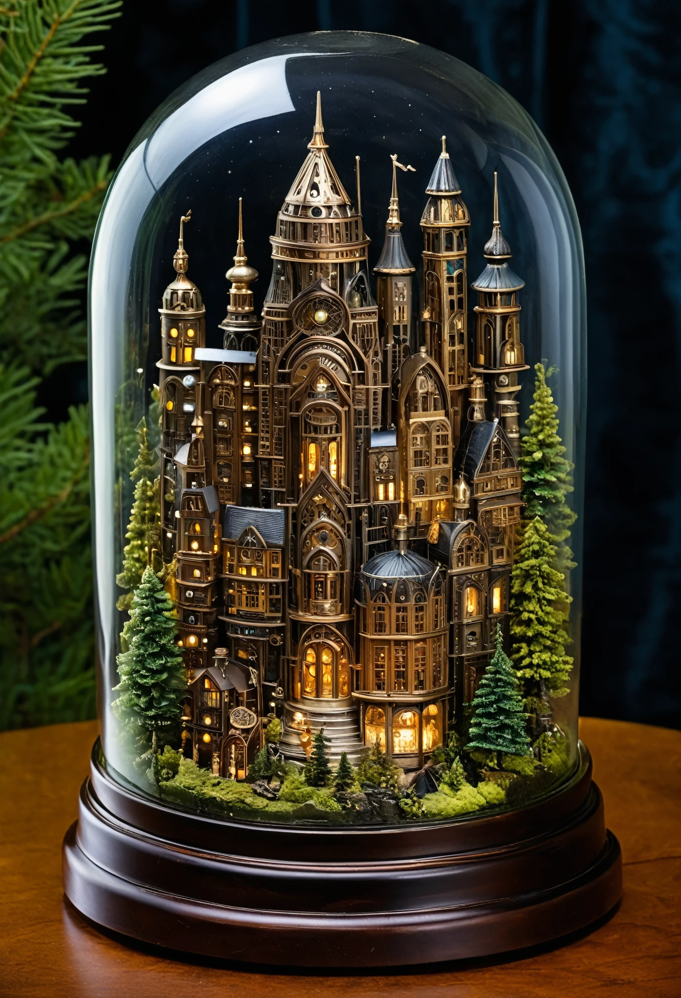 A mesmerizing scene of a miniature metropolis encased in glass, nestled amidst a nocturnal forest, showcasing a blend of art nouveau and steampunk elements, with intricate iron