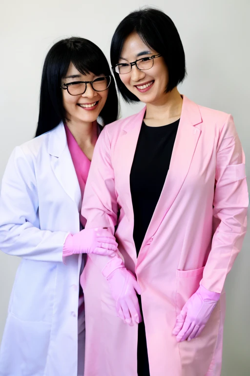 Two black-haired, glasses-wearing Japanese mature women wearing pink long rubber gloves and white lab coats caressing each other with gentle smiles