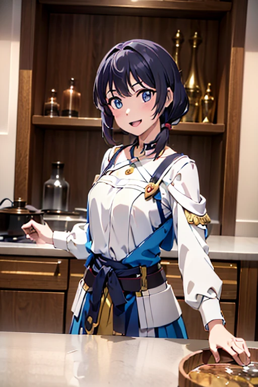 (fantasy:1.5),(anime,8k,masterpiece, top quality, best quality,beautiful and aesthetic:1.2,professional illustrasion:1.1,ultra detail:1.3,perfect lighting),extremely detailed,highest detailed,incredibly absurdres , highres, ultra detailed,intricate:1.6,(Alchemy Workshop:1.4),A girl mixing,Medicine in many small bottles,holding small potion,colorful:1.4,zentangle,(1girl),(girl),(Three kingdoms female warload),(highly detailed beautiful face and eyes,firm breasts),oily skin,((black,hair,short bob with short pony tail hair)),thin pubic hair,cute,lovely,34 years old,alchemist costume,Merchant's Clothing,smile,in the kitchen,smile,seductive weak smiling,(with sparkling eyes and a contagious smile),open mouth, Looking at Viewer,