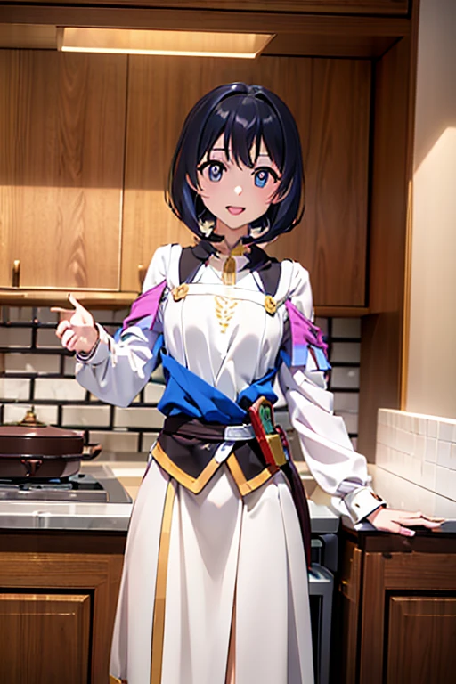 (fantasy:1.5),(anime,8k,masterpiece, top quality, best quality,beautiful and aesthetic:1.2,professional illustrasion:1.1,ultra detail:1.3,perfect lighting),extremely detailed,highest detailed,incredibly absurdres , highres, ultra detailed,intricate:1.6,(Alchemy Workshop:1.4),A girl mixing,Medicine in many small bottles,holding small potion,colorful:1.4,zentangle,(1girl),(girl),(Three kingdoms female warload),(highly detailed beautiful face and eyes,firm breasts),oily skin,((black,hair,short bob with short pony tail hair)),thin pubic hair,cute,lovely,34 years old,alchemist costume,Merchant's Clothing,smile,in the kitchen,smile,seductive weak smiling,(with sparkling eyes and a contagious smile),open mouth, Looking at Viewer,