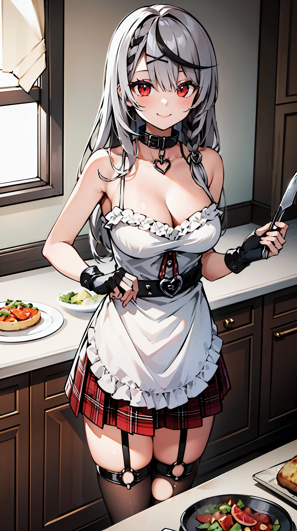 ((masterpiece, best quality, highres)), depth of field, 
BREAK, 1girl, standing behind the kitchen, (cooking:1.3), smile, 
BREAK, (indoors, kitchen), Dishes served on a plate,     
BREAK, (sakamata chloe, garter straps, fingerless gloves, torn thighhighs, grey hair, multicolored hair, plaid skirt, cleavage, x hair ornament, red skirt, black collar, white apron, breasts, braid, black belt, long hair), ((red eyes)), ((Beautiful detailed eyes))