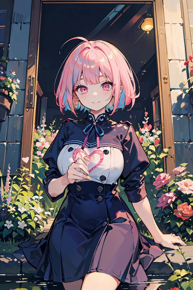1 girl, Big Tits 1.1 ,Colorful clothes, Navy Hair, Short Bob,Neat dress, smile, Triangle sitting, Pink Eyes, ((Navy Hair, Heart Eyes)), garden,, Colorful Hair, Messy Hair, tonalism, Romanticism, modern art, Impressionism, reflected light, 8k, masterpiece, Advanced Details, highest quality, Accurate