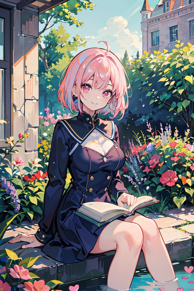 1 girl, Big Tits 1.1 ,Colorful clothes, Navy Hair, Short Bob,Neat dress, smile, Triangle sitting, Pink Eyes, ((Navy Hair, Heart Eyes)), garden,16 years old, Colorful Hair, Messy Hair, tonalism, Romanticism, modern art, Impressionism, reflected light, 8k, masterpiece, Advanced Details, highest quality, Accurate