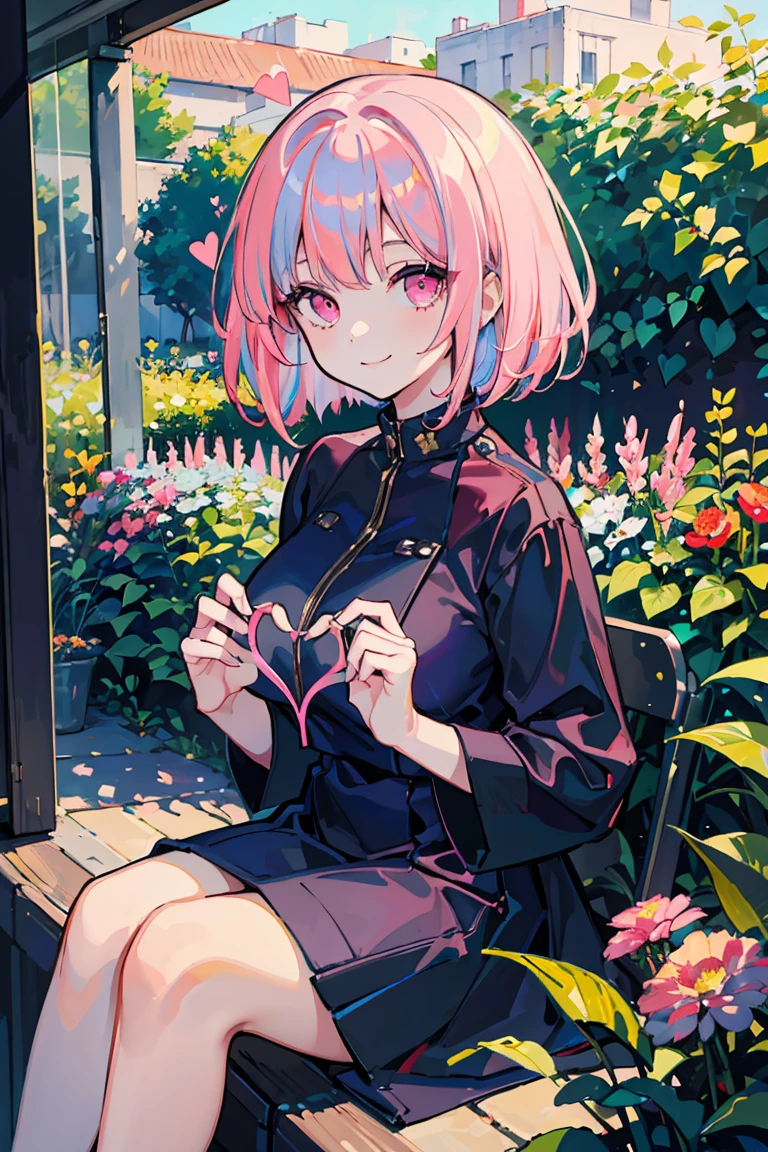 1 girl, Big Tits 1.1 ,Colorful clothes, Navy Hair, Short Bob,Neat dress, smile, Triangle sitting, Pink Eyes, ((Navy Hair, Heart Eyes)), garden,16 years old, Colorful Hair, Messy Hair, tonalism, Romanticism, modern art, Impressionism, reflected light, 8k, masterpiece, Advanced Details, highest quality, Accurate