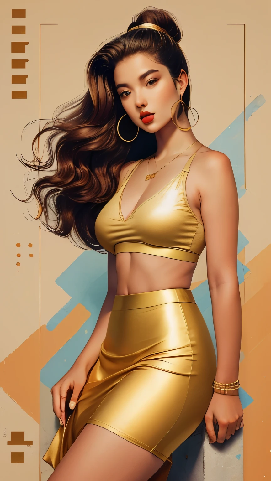 ((line art)), a beautiful, Mexican, polish and French, female model, goddess, olive skin ,hazel eyes, tight pony tail, sports bra, skirt, high heels,
diamond earrings, gold bracelets, gold thin necklace, beautiful skin, beautiful body, athletic body,