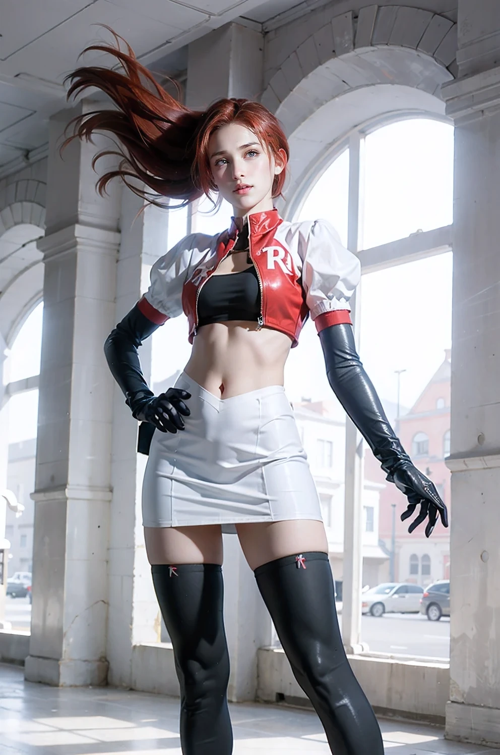team rocket,team rocket uniform, red letter R, white skirt,white crop top,black thigh-highs, black elbow gloves,