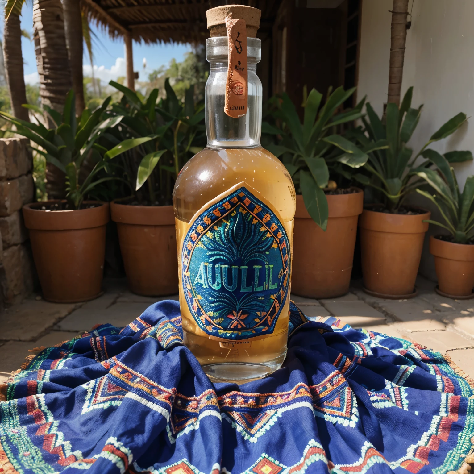 Botella de tequila con  tema de la cultura huichol y con imagenes alusivas a la planta de agave
