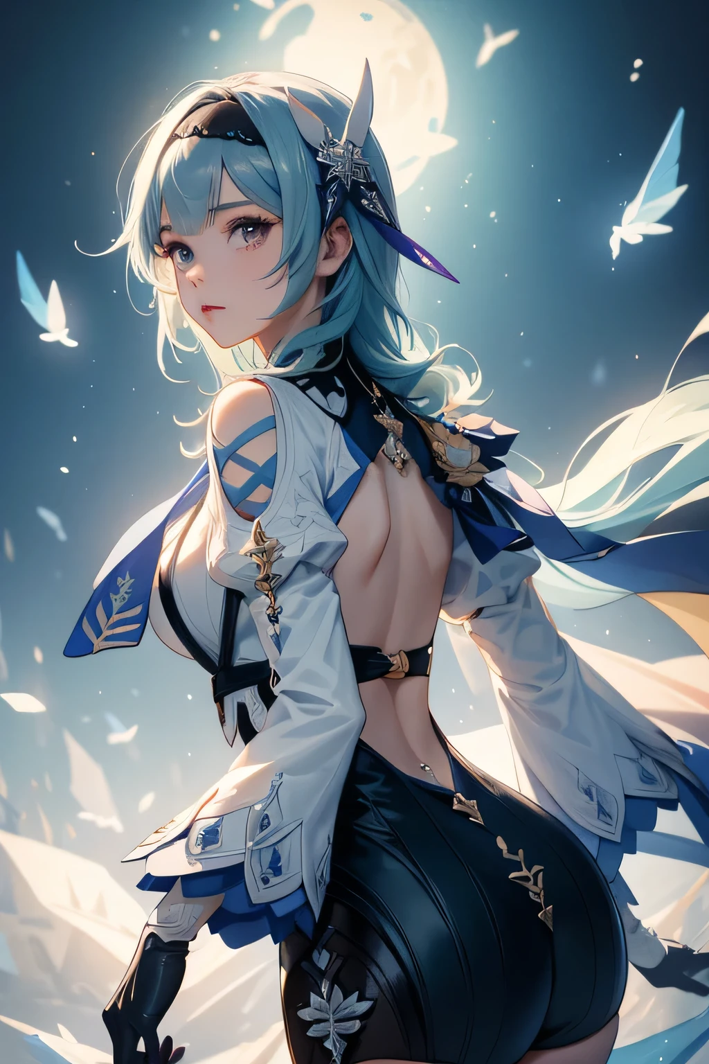 ((euladef)):1.5,((masterpiece,highest quality,Highly detailed images,Beautiful images))1.4(Image of eula leaning back with arms raised、A huge crystal behind、Overall dim lighting、Backlight、A fantastic atmosphere、Thick Fog、Dust flutters)1.3,(Close-up image of eula)1.2、Her back is arched, which emphasizes her chest.、Face your audience head-on
