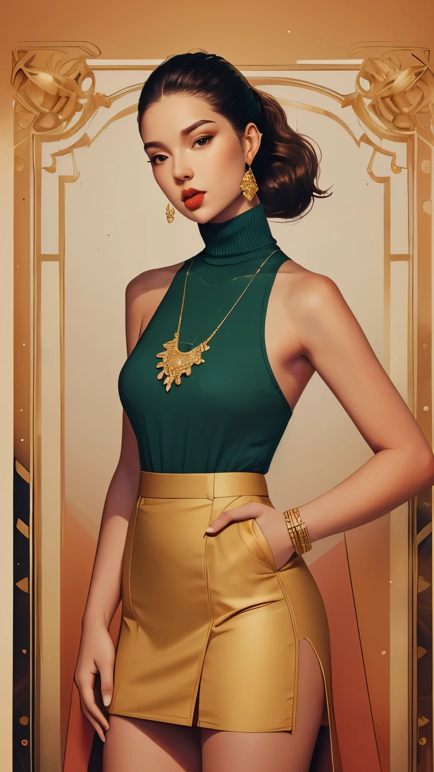 ((line art)), a beautiful, Mexican, polish and French, female model, goddess, olive skin ,hazel eyes, tight pony tail, sleeveless turtleneck, skirt, high heels,
diamond earrings, gold bracelets, gold thin necklace, beautiful skin, beautiful body, athletic body,