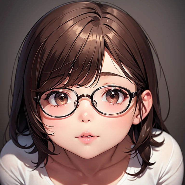 Rounded chubby face with eyeglasses, chest level brown hair, chocolate brown eyes, round nose, full cupid lips.