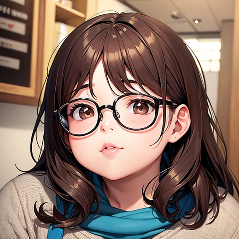 Rounded chubby face with eyeglasses, chest level brown hair, chocolate brown eyes, round nose, full cupid lips.
