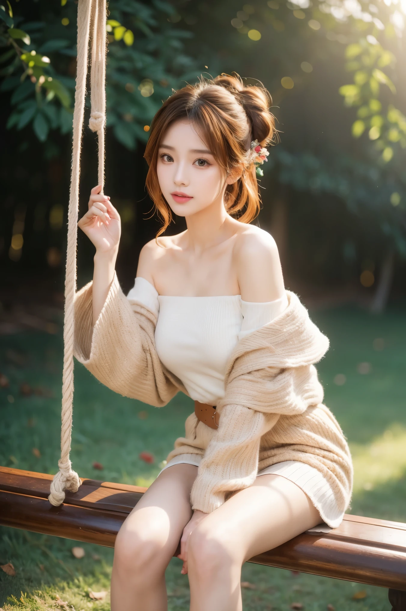 Full body, shot from a random angle, Chinese beauty, random scene, group photo, elegant, dignified, slim, slim waist, curly hair, era clothing, Hanfu, Tang suit, off shoulder, Chinese style, floral, pattern, high waist, beautiful belt, warm light, warm toned slender legs, night, moonlight, sitting on a swing, swaying, warm light, warm toned, dynamic posture, elegant posture, golden hair, striped hair, hair accessories, heart-shaped pupils, cosmetics, light smile, shy, licking lips, social realism, contrast between light and dark, motion blur, relief, Sony FE GM, ultra high definition, masterpiece, textured skin, super details, the best quality