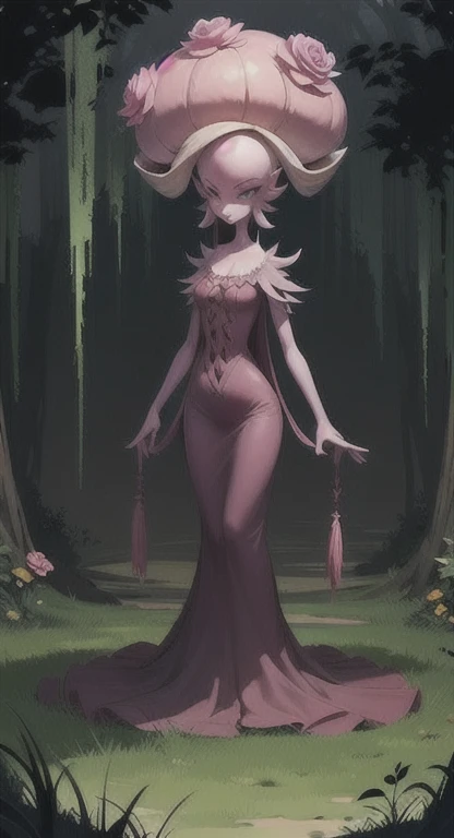 Overgrown hell life, ancient one, abandoned garden, mutated, pink rose creature, female spirit, pink skin, Gardevoir,