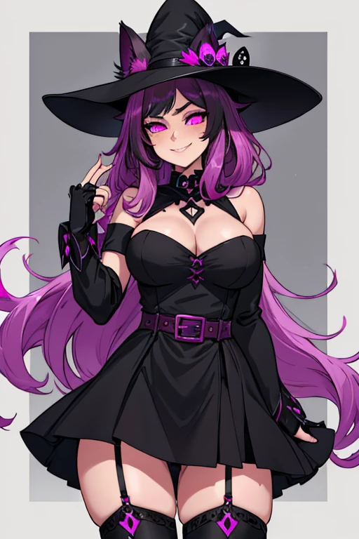 female, black long hair with magenta highlights, silver eyes, black wolf ears, black wolf tail (((1girl))), (((black witch dress with magenta trim))), (black fingerless gloves), (black witch's hat), (black belt), (magenta stockings), (black boots), cute and sexy, full body, large breasts, large butt, long legs, smiling