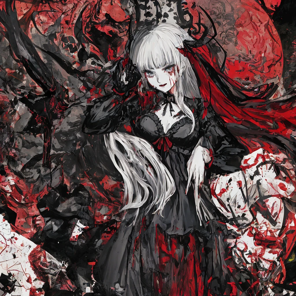 arte anime de una mujer con cuernos y cara de demonio, chica anime demonio, chica demonio, de arknights, ilustraciones de estilo anime, neogothic, con ojos rojos brillantes, hyper-gothic, estilo anime 4k, epic anime style, estilo de arte oscuro, chicas anime, arknights, ilustraciones de anime, nocturno, anime rudo 8k, cartoon style illustration, many tears of blood