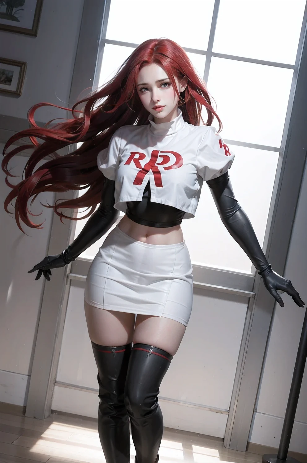 team rocket,team rocket uniform, red letter R, white skirt,white crop top,black thigh-highs, black elbow gloves,