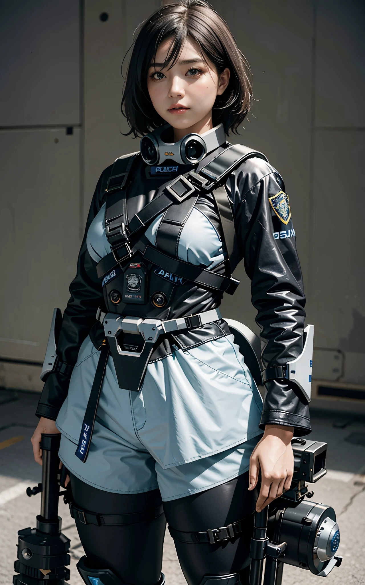 Highest image quality, outstanding details, ultra-high resolution, (realism: 1.4), ((close up:0.75)), highly condensed 1lady, with beautiful and a delicate face, perfect proportion, (chubby:0.3, small breasts), (cloths color base ratio black:0.4 white:0.5 other-color:0.1), (wearing rash-guard likes police uniform, black and gray mecha, wearing high-tech heavy gasmask, military harness, holding a machinegun, carrying hich-tech-backpack on back), ((attachment futuristic armors)), captain, background simple grey wall,