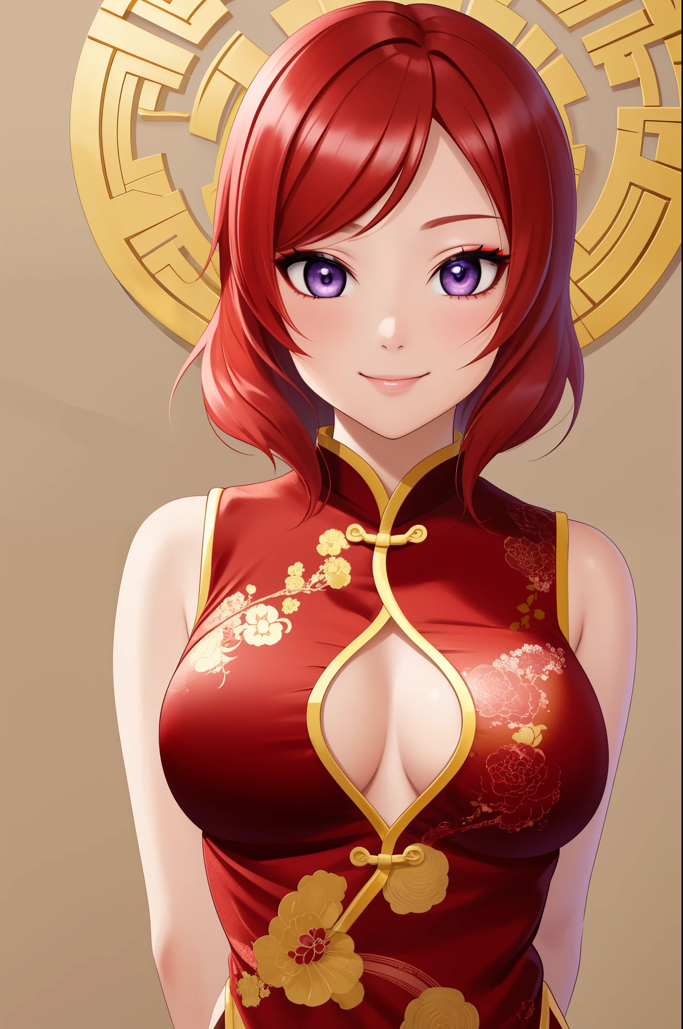 Masterpiece, best quality, solo,facing viewer , nishikino maki, purple eyes, Chinese clothes, upper body, face focus, sexy smile, shiny skin, breasts, alluring , Chinese makeup , arms behind back 