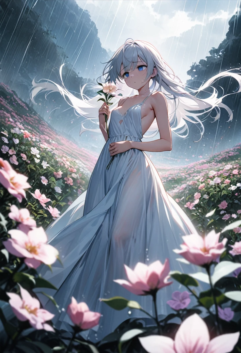 Masterpiece, Improved quality, High quality, Good anatomy, Healthy body, Whole fingers, Normal digits, 4k quality image, Girl, beautiful girl, perfect body, full body, perfect girl, back-length white hair, blue eyes, empty eyes, there is a river, in a field of flowers, wearing a plain white long dress, the wind blows her hair and dress, (from below), in the hill, breasts slip, small breasts, heavy rain, thunder, she hold flower, Heavy cry, rain, she was very disappointed