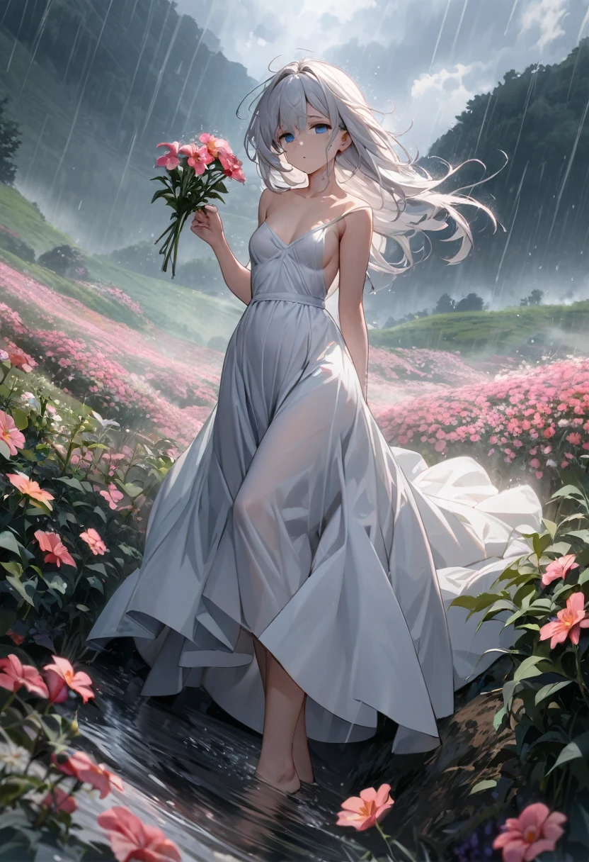 Masterpiece, Improved quality, High quality, Good anatomy, Healthy body, Whole fingers, Normal digits, 4k quality image, Girl, beautiful girl, perfect body, full body, perfect girl, back-length white hair, blue eyes, empty eyes, there is a river, in a field of flowers, wearing a plain white long dress, the wind blows her hair and dress, (from below), in the hill, breasts slip, small breasts, heavy rain, thunder, she hold flower, Heavy cry, rain, she was very disappointed