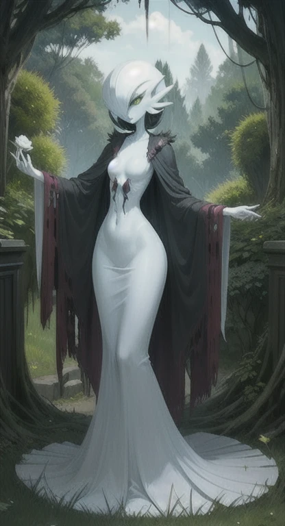 Overgrown hell life, ancient one, abandoned garden, mutated, white rose creature, female spirit, white skin, Gardevoir,