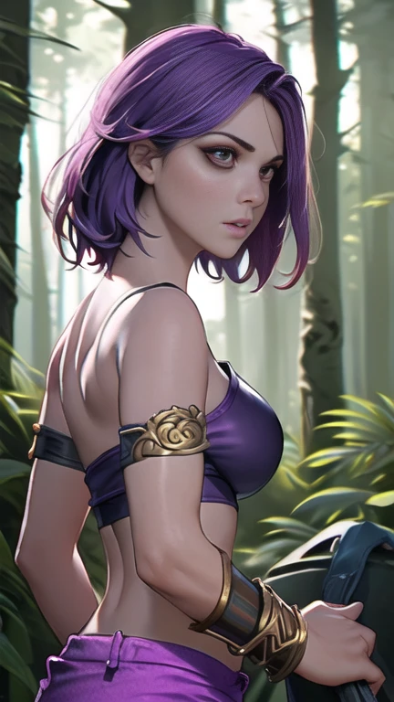 photo of celebrity, RAW, beautiful woman, ((portrait)), ((detailed face, colorful rainbow hair:1.2)), ((detailed facial feature, detailed skin, clear skin, parted lips), (perfect proportioned body, medium breasts), ((wearing tube top, purple pants, bracers, cowboy shot: 1.5)), (high detailed dark forest: 1.3), (realistic photo, best quality, detailed), (8k wallpaper), (cinematic lighting, dramatic lighting) (sharp focus, intricate)