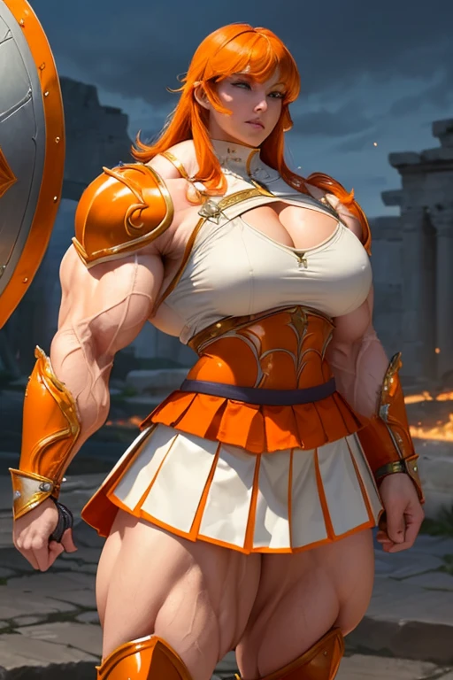 ((((Massive, tall, beautiful, buff, muscular pale white skinned female gladiator with orange hair, ginormous bulky muscles, holding a sword and shield and wearing an all orange gleaming gladiator armor and pleated skirt)))), (close view), black eyeliner, massive muscles, massive biceps, hyper muscle triceps, (long shaggy hair), green eyes, gladiator boots, In a Roman city, steel gladiator armor, armor breastplate, nighttime, confident smile, (hyper muscles arms), hyper muscle legs, (ginormous arms)