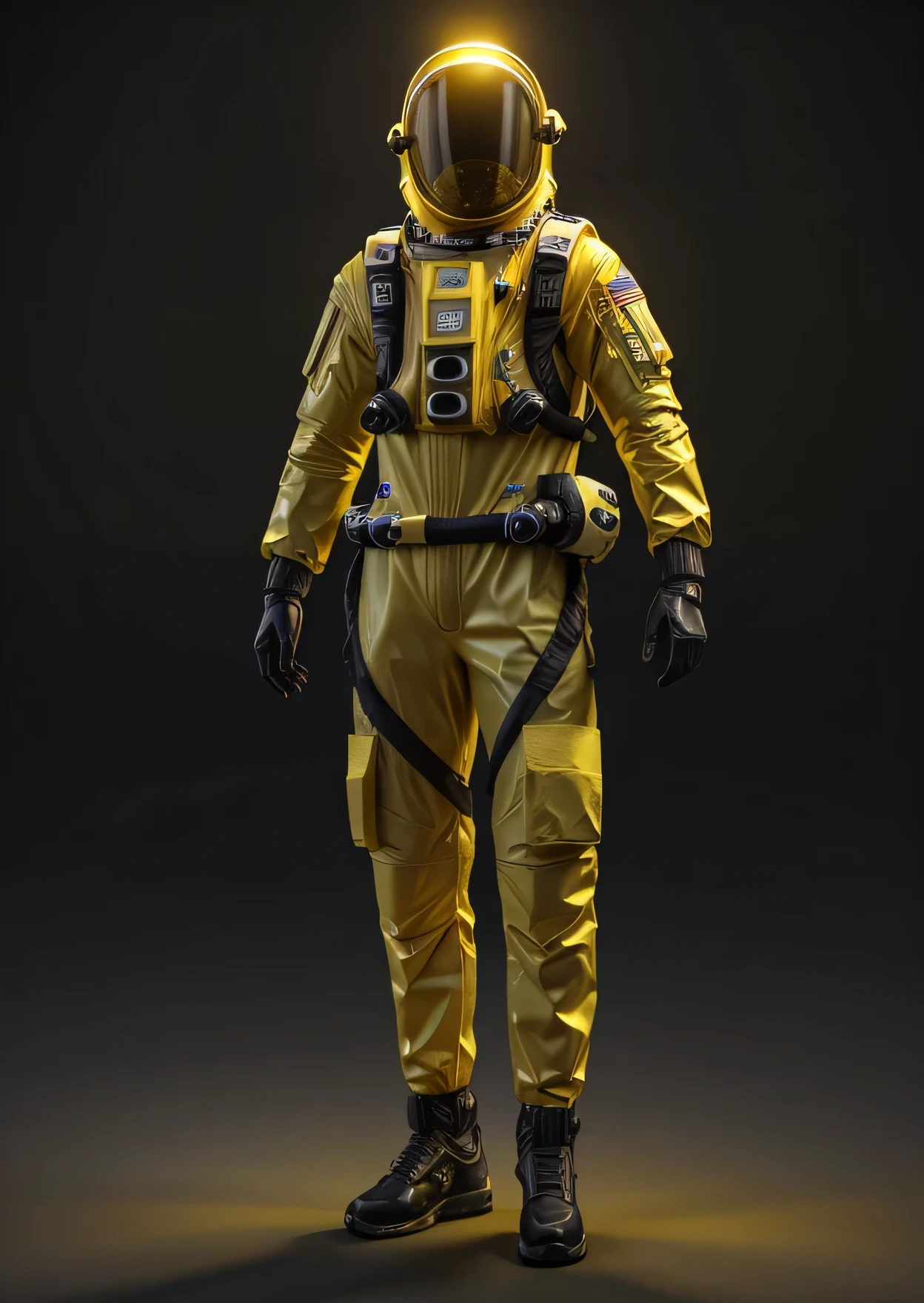 Mistical ethereal traslucent humanoid species wearing thick yellow fabric space suit clear helmet shade hiperrealist ultra detailed ciaro oscuro 3D character high quality cinematic compose render master piece
