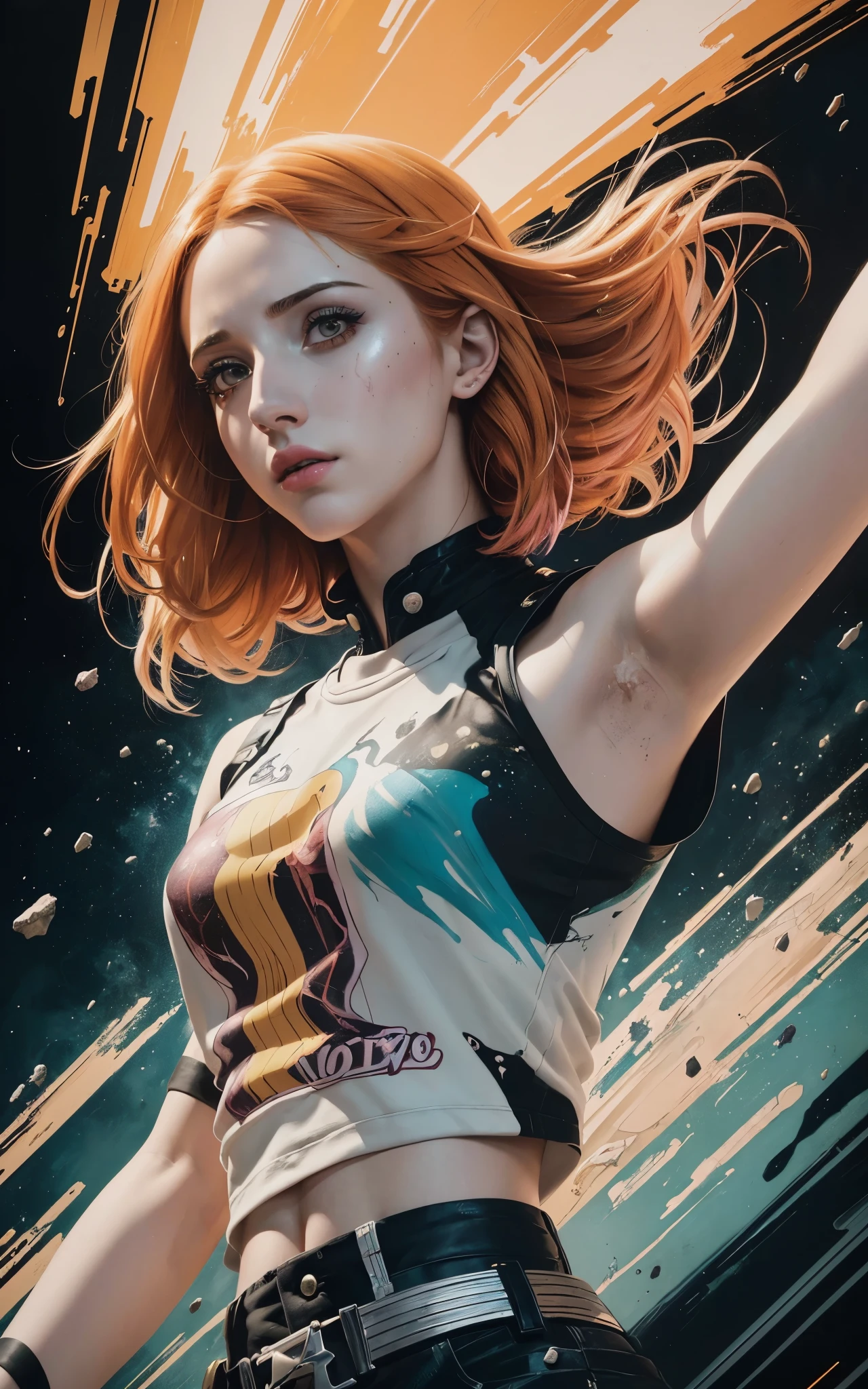 (Emily Rudd:Hayley Williams) best quality, masterpiece, (realistic:1.2), detailed face, beautiful eyes, (masterpiece, top quality, best quality, official art, beautiful and aesthetic:1.2), (1girl:1.4), extreme detailed, (Joshua Middleton comic cover art:1.1), (Action painting:1.2), (concretism:1.2), theater dance scene, (hypermaximalistic:1.5), colorful, highest detailed,