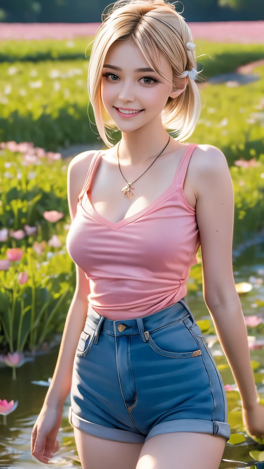 Superb Quality, Masterpiece, High Resolution, 1Girl, Blush, (Seductive Smile: 0.8), Star Pupil, , Hair Accessories, Necklace, Jewelry, Beauty, on_body, Tyndall Effect, Realism, Lotus Pond, Light Edge, Two-tone Lighting, (High Detail Skin: 1.2), 8K UHD, DSLR, Soft Light, High Quality, Volume Lighting, Candid Photo, High Resolution, 4K, 8K, Background Bokeh