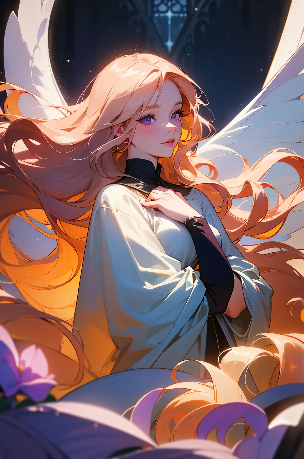 femme de 50 ans, Middle-aged European, ((trentenaire)), solo, full lips, (visage de forme ovale), flowers, (Heavenly Nose), wears a cape, peau claire et chaude, purple eyes, des yeux de biche, very light rose gold hair, very light pinkish blonde, extremely long and wavy hair, Long cils, sourire serein, expression gentille, elegant and sexy Medieval adventure clothes, (mode brocart), Glow, glowing, lumineux, enchanteur, [Archange], ethereal aesthetic, elegant, saint, soft lighting, dreamer, le romantisme, atmospheric, innocence, [ailes d&#39;anges], enveloppé dans ses ailes, calme, compatissant, tendance sur artstation, ((In the style of Alphonse Mucha)), shadow&#39;encre, (((chef-d&#39;artwork))), ((best quality)), ((complex detailed)), ((semi-realistic)), (se concentrer uniquement), (visage parfait:1.1), (high detail:1.1), clivage, religiouslike portait, debout