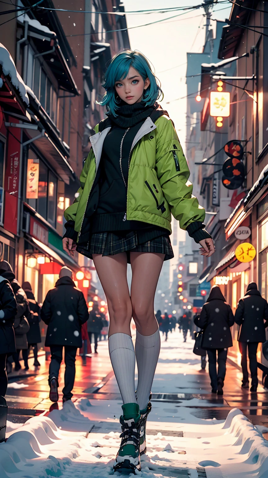 highest quality,Ultra-high resolution,One girl,alone,whole body,snow,city,, Blue Hair,Green Eyes,ＪＫ,,