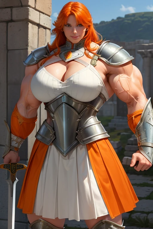 ((((Massive, tall, beautiful, buff, muscular pale white skinned female gladiator with orange hair, ginormous bulky muscles, holding a sword and shield and wearing an all orange gleaming gladiator armor and pleated skirt)))), (close view), black eyeliner, massive muscles, massive biceps, hyper muscle triceps, (long shaggy hair), green eyes, gladiator boots, In a Roman city, steel gladiator armor, armor breastplate, nighttime, confident smile, (hyper muscles arms), hyper muscle legs, (ginormous arms)