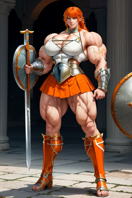 ((((Massive, tall, beautiful, buff, muscular pale white skinned female gladiator with orange hair, ginormous bulky muscles, holding a sword and shield and wearing an all orange gleaming gladiator armor and pleated skirt)))), (close view), black eyeliner, massive muscles, massive biceps, hyper muscle triceps, (long shaggy hair), green eyes, gladiator boots, In a Roman city, steel gladiator armor, armor breastplate, nighttime, confident smile, (hyper muscles arms), hyper muscle legs, (ginormous arms)