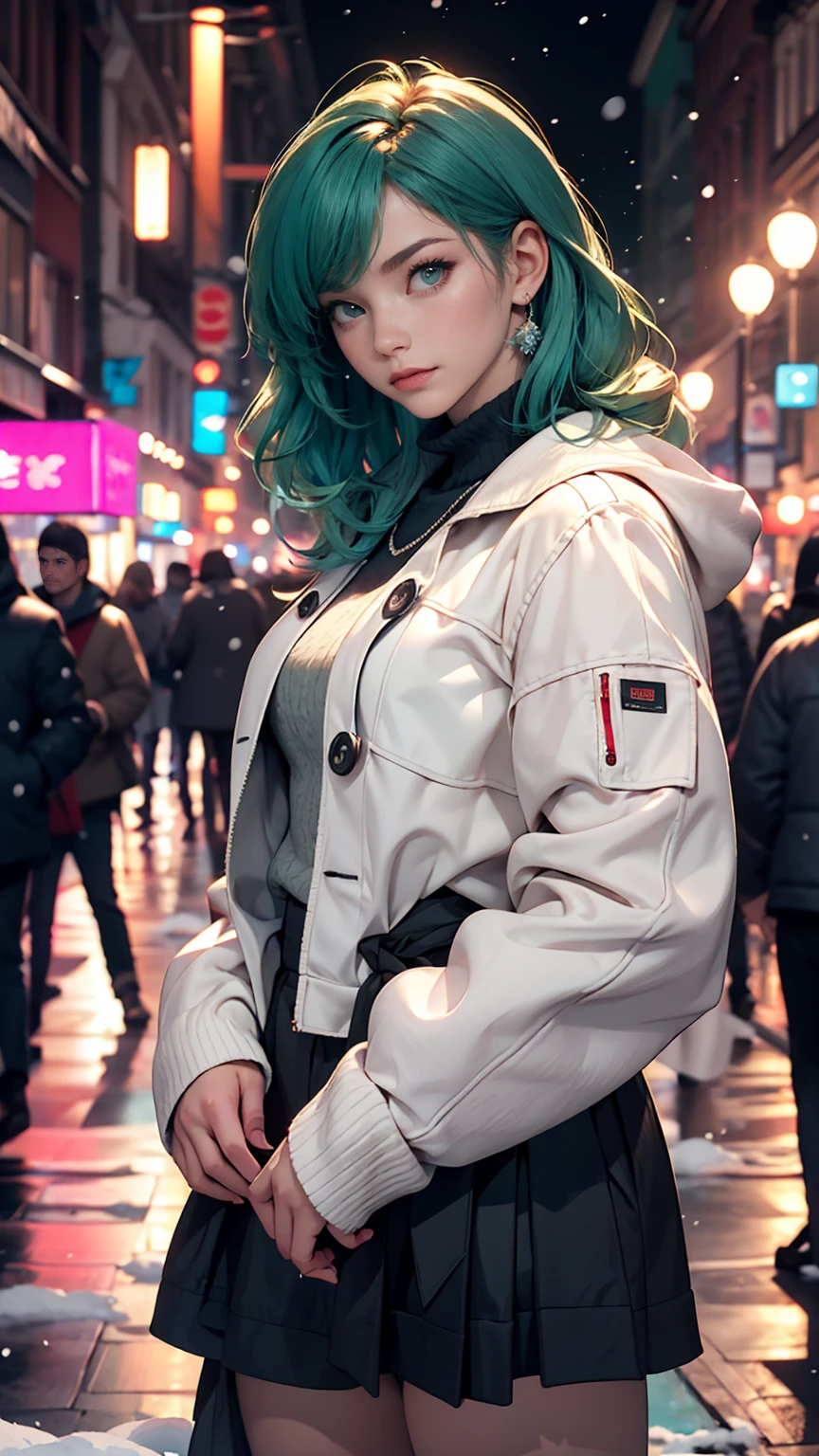 highest quality,Ultra-high resolution,One girl,alone,whole body,snow,city,, Blue Hair,Green Eyes,JK,,