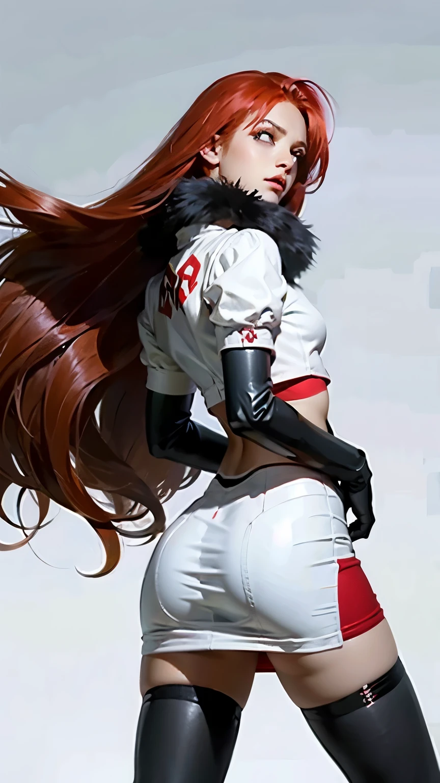 team rocket,team rocket uniform, red letter R, white skirt,white crop top,black thigh-highs, black elbow gloves,