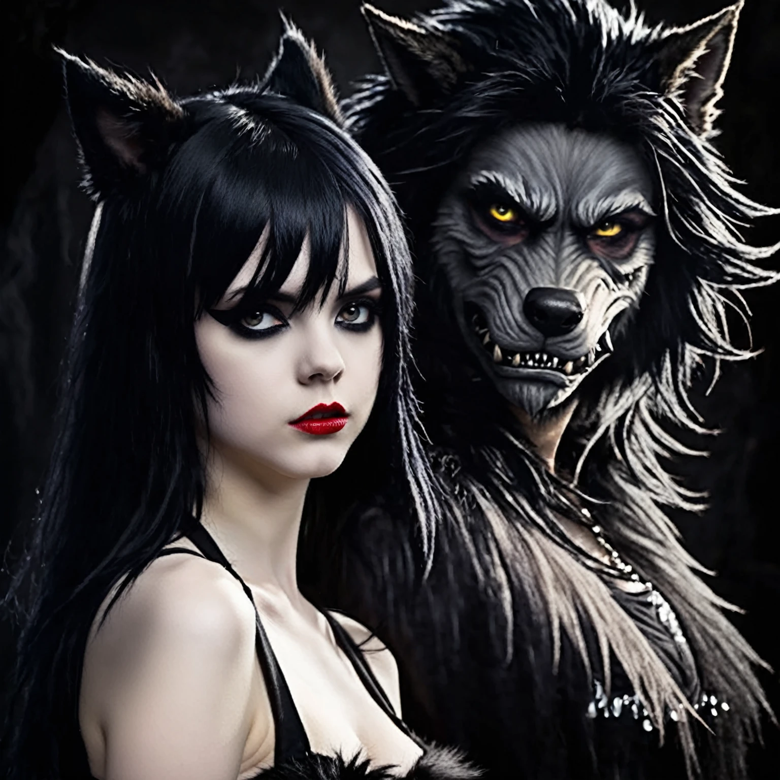 violent scary young emo girl with Black hair and werewolf with black fur