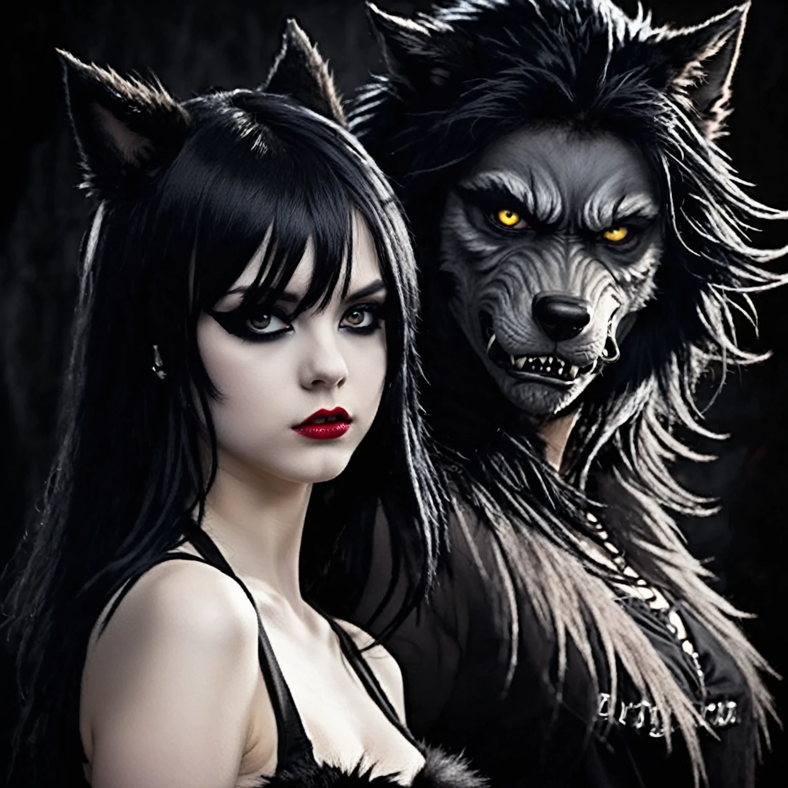 violent scary young emo girl with Black hair and werewolf with black fur