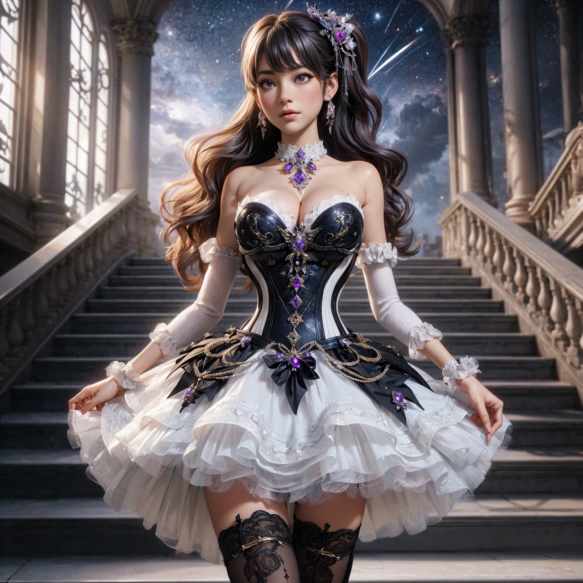 An asian woman with loose hair, standing on the stairs in the middle of a magical atmosphere, with a predominantly blue and red costume, a strapless corset-style dress decorated with bright purple jewels, a short tutu skirt, black thigh-high stockings with lace tops and ornaments purple jewels, white high heels with gold decoration, grand staircase background under mysterious sky full of stars and celestial bodies, crystal detailed, hyper realistic, hyper detail Transparent clothing, Detailed gemstones, masterpiece, best quality:1.2),,(8k,highres,RAW photo,realistic,photo-realistic:1.3),(detailed skin texture,detailed cloth texture, beautiful detailed face:1.25),professional lighting,photon mapping,beautiful soft light,radiosity,physically-based rendering,raytracing, model shoot style, model shoot style, (extremely detailed CG unity 8k wallpaper), full shot body photo of the most beautiful artwork in the world (NSFW), (Nude), (Naked), (Nipple) (pussy) (small pussy) (exposed pussy)