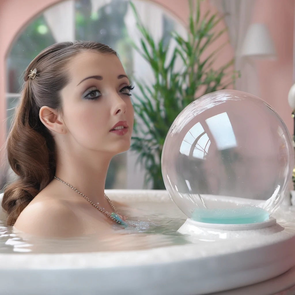 A cute woman is taking a bubble bath inside a snow globe ornament setting upon a table. She has an overly large face and very big expressive eyes. (best quality,4k,8k,highres,masterpiece:1.2),ultra-detailed,(realistic,photorealistic,photo-realistic:1.37), HDR, UHD, studio lighting, ultra-fine painting, sharp focus, physically-based rendering, extreme detail description, professional, vivid colors, bokeh. Portraits, landscapes, horror, anime, sci-fi, photography, concept artists. Soft pastel colors with a dreamlike atmosphere. Soft, diffused lighting that highlights the woman's face and creates a magical ambiance. (she is washing herself and entranced by the viewer, gazing longingly with those big eyes. Foamy bubbles cover any NSFW content. Show all of her full body shot, show her entire body)