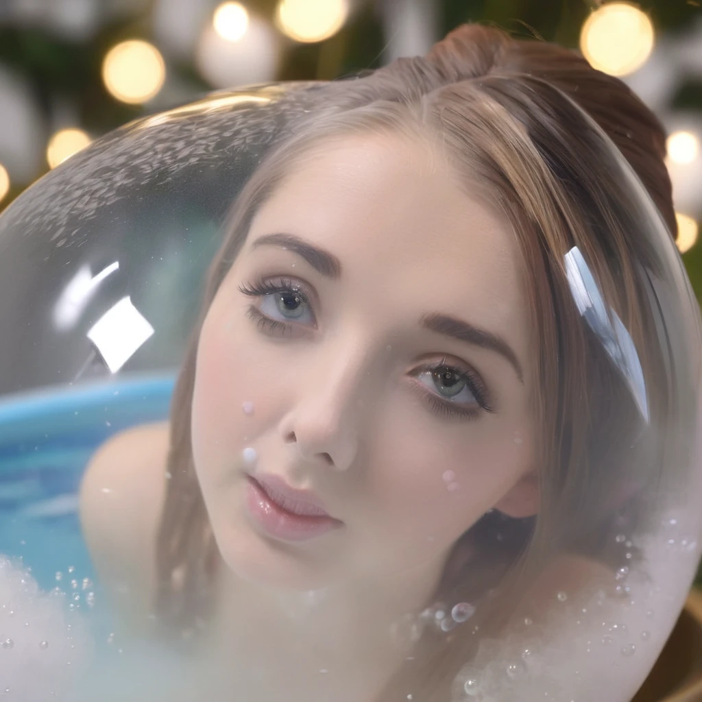 A cute woman is taking a bubble bath inside a snow globe ornament setting upon a table. She has an overly large face and very big expressive eyes. (best quality,4k,8k,highres,masterpiece:1.2),ultra-detailed,(realistic,photorealistic,photo-realistic:1.37), HDR, UHD, studio lighting, ultra-fine painting, sharp focus, physically-based rendering, extreme detail description, professional, vivid colors, bokeh. Portraits, landscapes, horror, anime, sci-fi, photography, concept artists. Soft pastel colors with a dreamlike atmosphere. Soft, diffused lighting that highlights the woman's face and creates a magical ambiance. (she is washing herself and entranced by the viewer, gazing longingly with those big eyes. Foamy bubbles cover any NSFW content. Show all of her full body shot, show her entire body)