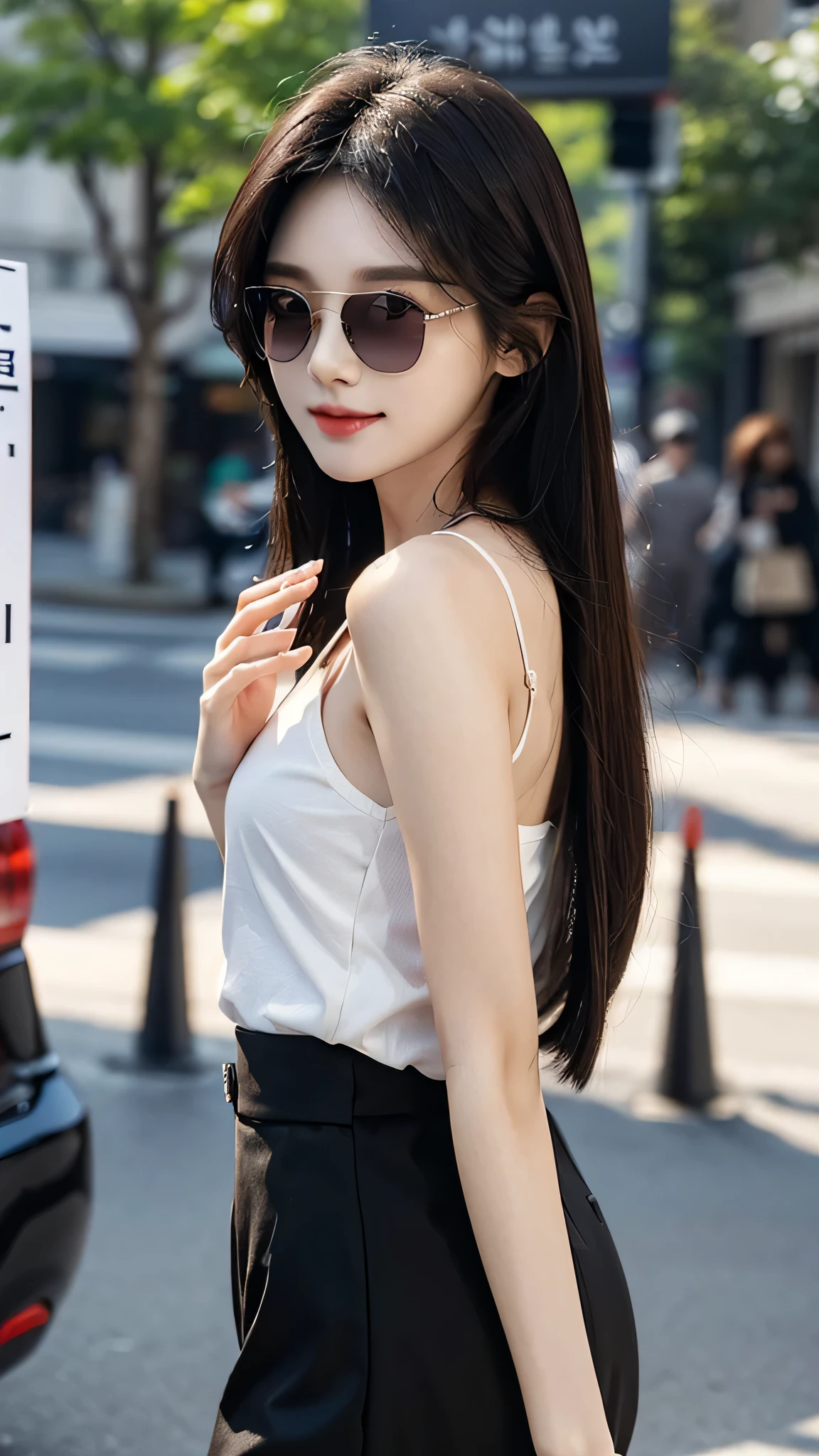 masterpiece、top-quality)、1 beutiful girl、Slim body、((Black and white plain clothes:1.1))、((Wearing black sunglasses )), (Detailed beautiful eyes), ((Detailed skin)) , ((Detailed beautiful hair)), Walk around the store、((Boyish Brown Medium Hair))、((Smaller face))、((Neutral face))、((Face seen from the side))、((Light brown eyes))、((Korean Girl))、((18year old))、((cool lady))、((A shy smile on his face))、((Korean Makeup))、((elongated and sharp eyes))、((Happy dating))、((looking distantly))、((boyish))、((Shot from the same height as your face))、((Shorter than viewer))、((She is running ahead of the viewer))、((Hold your mouth with your hand)), ((CG rendering)), ((Blurred background)), ((deep shadow)), ((16K)), ((Very detailed)), ((wallpaper)), ((depth of field)), ((movie light)), ((Ray tracing)).