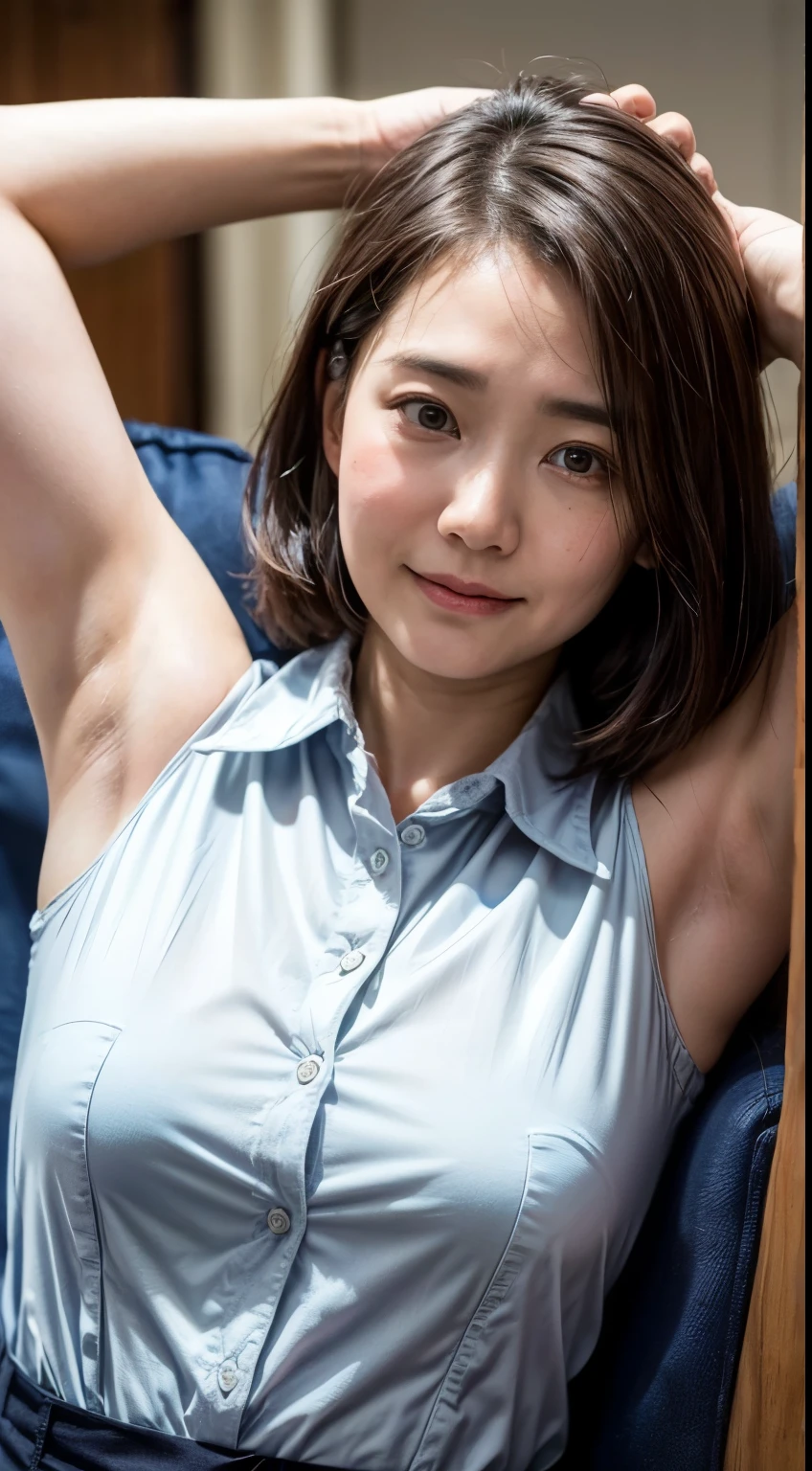 (Realistic:1.3、Ultra HD、Ultra-high resolution、8k、Japanese office lady、At work、White collared shirt、Sleep on your back)、((Looking at the camera:1.8))、(Extremely realistic skin texture:1.4)、(Realistic:1.3)、short hair、(Embarrassed expression:1.5)、(blonde:1.1)、(40-year-old woman、Mature Woman)、Ponytail hairstyle、(Lift your left arm and show your armpit:1.3)、(Armpit close-up:1.0)、(Taken from left:1.3)