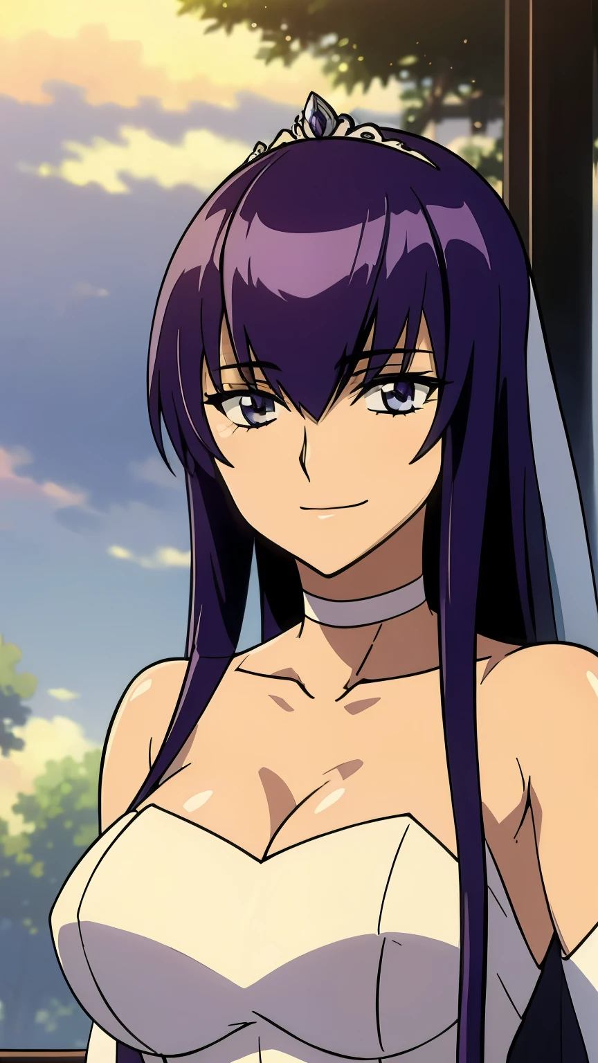 saeko busujima, hair between eyes, ahoge, purple hair, star \(symbol\), hair ornament, dress, cleavage, bare shoulders, collarbone, long white elbow gloves, white gloves, white dress, white choker, strapless, tiara, veil, strapless dress, wedding dress, bridal veil, beautiful woman, perfect body, perfect breasts, wearing a wedding dress, ball gown, in the park trees, wedding decorations, a in love smile, realism, masterpiece, textured skin, super detail, high detail, high quality, best quality, 1080p, 16k