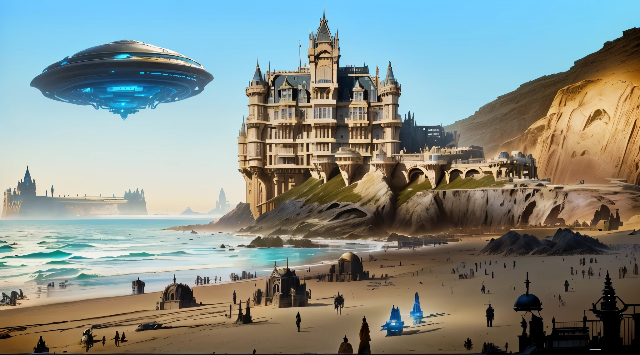 there is a large building on the beach with a flying object, inspired victorian sci - fi, in a castle on an alien planet, extravagant matte painting, alien castle in background, matte painting concept art, futuristic palace, illustration matte painting, concept art matte painting, matte painting”, matte painting ”, beach on the outer rim, concept arts, inspired by Jean Tabaud